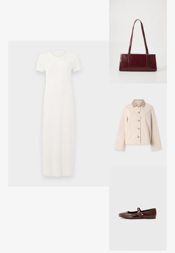 Veste beige à boutons avec manches longues et col marron clair contrastant, présentée sur un fond clair uni.; Robe beige à manches courtes, longueur genou, en tissu de coton doux. Présente un col rond et une silhouette simple et droite.; Ballerine en cuir verni marron avec un bout carré et une lanière ornée d'une petite boucle dorée. Texture lisse, talon bas et design minimaliste.; Sac à main bordeaux en matériau brillant, de forme rectangulaire, avec deux anses et des accents légèrement courbés à l'avant.