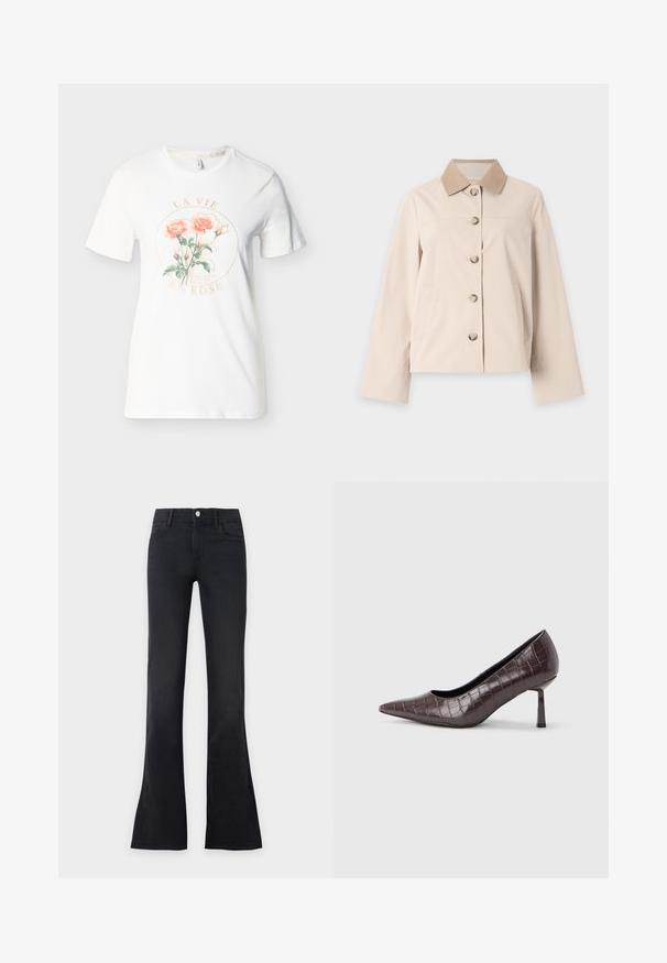Veste beige à boutons avec manches longues et col marron clair contrastant, présentée sur un fond clair uni.; T-shirt blanc à manches courtes avec col rond, présentant deux roses pêches et des tiges vertes à l'intérieur d'un cercle avec le texte "LA VIE EN ROSE".; Jeans noirs taille haute flare avec bouton sur le devant et poches, présentés sur un fond clair uni.; Escarpins à bout pointu en similicuir marron avec une texture crocodile, dotés d’un talon fin et angulaire ainsi que d’une doublure intérieure lisse.