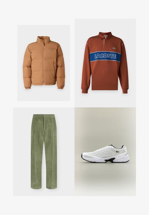 Doudoune brune avec un col montant, fermeture éclair à l'avant et poignets élastiques. Présente un petit logo vert sur la poitrine gauche. Texture lisse.; Polo à manches longues en brun rouille avec une rayure horizontale bleue comportant le texte blanc "LACOSTE". Comprend un col et un détail de logo vert.; Pantalon en velours côtelé vert olive avec ceinture élastique, bouton à l'avant et détails de couture verticale sur un fond uni.; Baskets de sport blanches avec un dessus en mesh texturé, un design courbé et une semelle noire contrastante. Présente un logo brodé vert sur le côté.