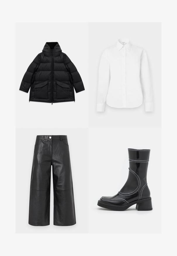 Zwarte gewatteerde winterjas met hoge kraag, voorkeursrits, twee grote klepzakken en zijritsen op een witte achtergrond.; Witte, op maat gemaakte blouse met lange mouwen, spitse kraag en knoopsluiting aan de voorkant, weergegeven op een neutrale achtergrond.; Zwarte leren culottes met een wijd been ontwerp, voorzakken, een knoopsluiting en een gladde, glanzende textuur.; Zwarte lakleren enkellaars met witte stiksels, ronde neus en blokhak. Kenmerkt zich door gebogen ontwerplijnen en een gladde textuur.