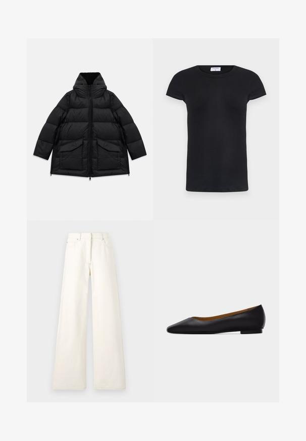 Schwarze gepolsterte Winterjacke mit hohem Kragen, vorderem Reißverschluss, zwei großen Klappentaschen und seitlichen Reißverschlüssen auf weißem Hintergrund.; Schwarzes geripptes T-Shirt mit rundem Halsausschnitt und kurzen Ärmeln. Weicher Stoff mit figurbetonter Passform, ausgestattet mit einem Etikett am Hals.; Weite, cremefarbene Hosen aus Denim mit sichtbaren Nähten und Taschen. Das Design hat eine hohe Taille und eine gerade Silhouette.; Schwarzer flacher Schuh aus Leder mit spitz zulaufender Vorderkappe, niedrigem Absatz und glatter Oberfläche, von der Seite vor einem hellgrauen Hintergrund dargestellt.