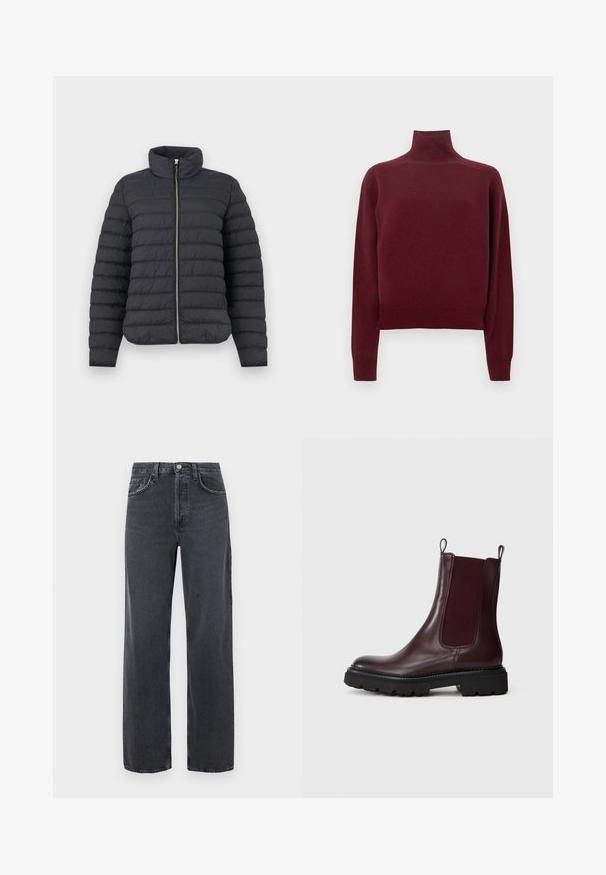 Sort quiltet dunjakke med høj krave og sølv lynlås foran, lange ærmer og vandrette syningsdetaljer.; Vinrød rullekravesweater med lange ærmer, strikket tekstur og ribbet detalje ved manchetter og kant. Klassisk, tætsiddende pasform.; Sort denimjeans med vide ben og en falmet finish, med to forlommer og knaplukning i taljen. Klassisk design med fem lommer.; Bordeaux læder chelsea støvler med elastiske sidepaneler, tekstureret sort gummisål og trekhåndtag for nem påtagning.