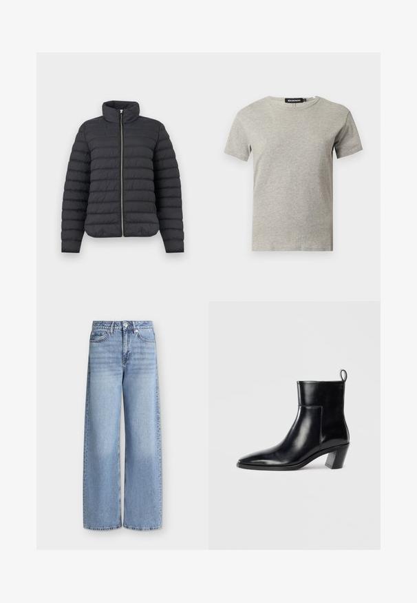 Sort quiltet dunjakke med høj krave og sølv lynlås foran, lange ærmer og vandrette syningsdetaljer.; Lysegrå kortærmet crew neck bomulds T-shirt med synligt sort mærke inde i kraven med teksten "DENIM" og størrelse "S".; Lyseblå vidde jeans med forlommer, bæltestropper, knaplukning og falmede detaljer på lårene.; Sort læder ankelstøvle med spids tå, geometrisk stablet hæl og en løftestrop bagpå. Glat tekstur og slankt design.