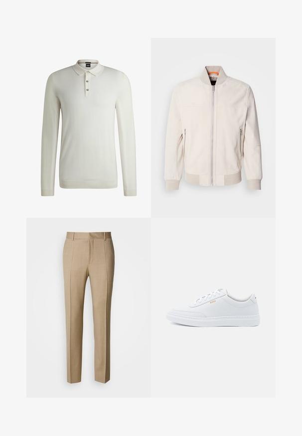 Lichtbeige leren jas met een staande kraag, vooraan met een ritsluiting en twee ritszakken aan de zijkant. Geribbelde manchetten en zoom voegen textuur toe.; BOSS LANCIONE - Trui - open white eleven; Beige op maat gemaakte broek met een gestructureerde stof, een vlak voorkant en rechte pijpen. Voorzien van zijzakken en riemlussen, voor een verzorgde uitstraling.; Witte leren sneakers met een gladde textuur, ronde neus en tonale stiksels. Voorzien van blauwe veters en een gouden logo op de zijkant.