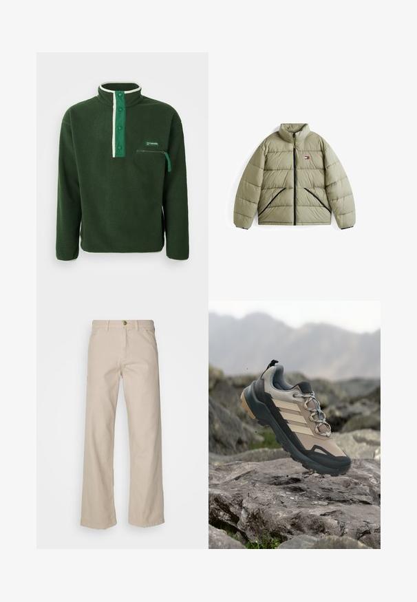 Olijfgroene pufferjack met een hoge kraag, zwarte rits en zijzakken. Heeft een gewatteerd patroon en een logo op de linkerborst.; Groene fleece pullover met een hoge kraag, voorzien van een contrasterende witte rits, drukknoopjes en een ritszak op de borst. Gelaagd stof.; Beige katoenen broek met wijde pijpen, vijf zakken, een knoopsluiting en riemlussen; gladde textuur met een rechte pasvorm en zoom.; Beige en grijze wandelschoen met zwarte zool en strepen, zwevend boven rotsachtig terrein met een wazige bergachtige achtergrond.
