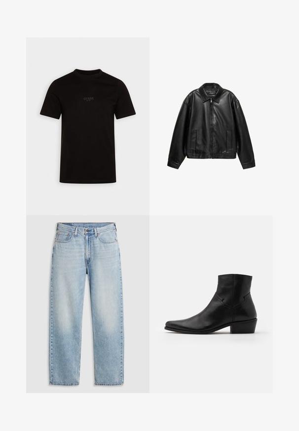 Sort læderjakke med lynlåslukning foran, bred krave og to sidelommer. Løs pasform med glat tekstur og minimalistisk design.; Sort kortærmet t-shirt lavet af bomuld, med rund halsudskæring og et logo på forsiden af brystet med "GUESS EST. 1981" i et diskret design.; Lyseblå lige jeans med fem lommer, metalknaplukning og falmede detaljer ved lårene og knæene, lagt fladt på hvid baggrund.; Sort læder ankelstøvle med spids tå, minimale syninger, en mellem-høj blokhælt og en glat, poleret finish.