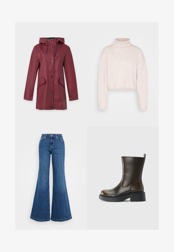 Bordeaux lang regnjakke med hætte, frontknapper, snorejustering og to frontlommer med klap og knaplukning.; Lys rosa ribbet turtleneck sweater, cropped længde, med lange ærmer og en blød tekstur. Minimalistisk design uden synligt hardware.; Blå denim flared jeans med høj talje, der har et klassisk five-pocket design og en glat tekstur. Kantene er brede og færdigbehandlede.; Mørkebrune læderstøvler til midten af læggen med rund tå, tyk sort sål, lav blokhælel og en trækflap bagpå.