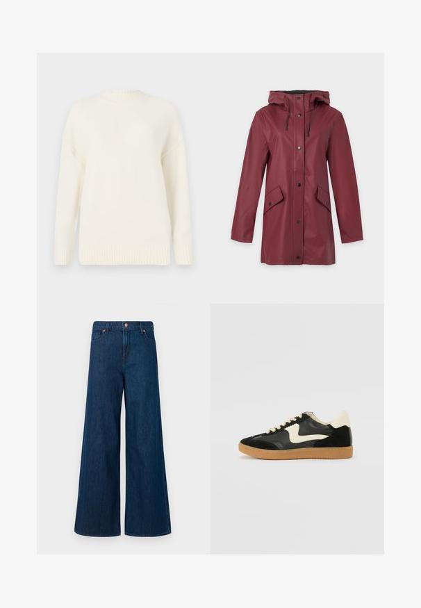Imperméable long bordeaux avec capuche, boutons-pression à l'avant, cordons de serrage et deux poches avant à rabat avec fermeture pression.; Pull en tricot blanc avec un col et des poignets en côtes. Présente une coupe décontractée et une texture douce, idéale pour superposer lors des temps plus frais.; Jeans en denim bleu à jambe large avec fermeture à bouton sur le devant, passants de ceinture et design à cinq poches sur un fond blanc.; Baskets en daim et cuir noir avec un swoosh latéral crème et un talon crème clair. Dotées de lacets beige et d'une semelle en caoutchouc gomme.