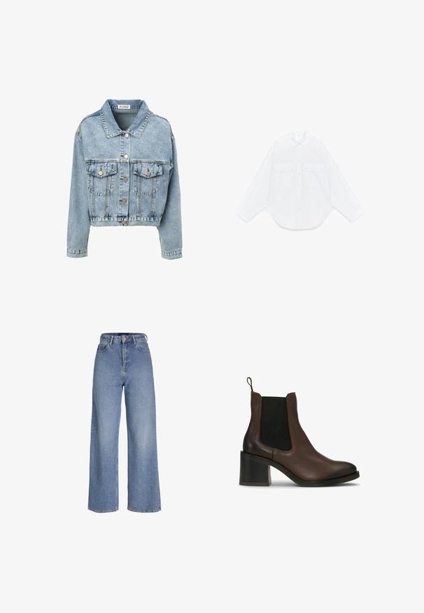 Lyseblå denimjakke med cropped design, stor krave, to brystlommer og sølvfarvede trykknapper. Slidt tekstur giver visuel interesse.; Hvid skjorte med lange ærmer, knapper, spids krave og to forlommer med klapper og knapper, lagt fladt på en hvid baggrund.; Højtaljede lyseblå cowboybukser med vide ben, foran knap- og lynlåslukning samt fem-lomme-design.; Brune læderankelstøvler med elastiske sidepaneler, en blokhæl, glat tekstur og en trække-flap for nem påtagning.