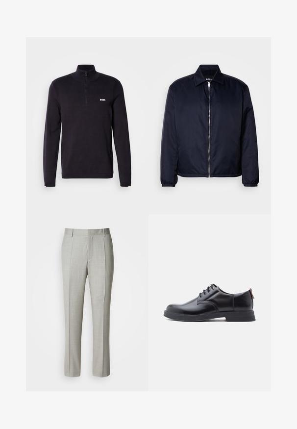 Marineblå bomberjakke med lynlås, krave, elastiske manchetter, tekstureret stof med et diskret mønster og en lige kant.; Marineblå quarter-zip sweater fremstillet af blødt stof, med ribbet krave og manchetter, samt et lille hvidt "BOSS" logo på brystet.; Lysegrå, skræddersyede bukser lavet af glat stof med lige snit, for-pressede læg og klassisk linning med bæltestropper.; Sorte snørestøvler i læder med glat tekstur, rundet tå og diskrete syningsdetaljer. Har en rød trækflig på hælen.