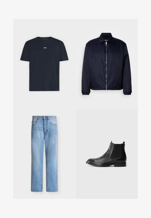 Námornícka modrá bomber bunda so zapínaním na zips, golierom, elastickými manžetami, textúrovanou látkou s jemným vzorom a priamym lemom.; Tmavomodré tričko s krátkym rukávom a okrúhlym výstrihom, s malým bielym logom "BOSS" v strede na hrudi.; Svetlomodré rovné riflové nohavice so zapínaním na gombík a zips, predné a zadné vrecká a pútka na opasok v páse.; Čierne kožené Chelsea čižmy s elastickými bočnými panelmi, zaoblenou špičkou, pútkom a nízkym blokovým podpätkom. Hladká textúra a minimalistický dizajn.