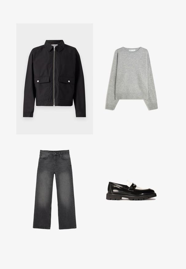 Veste noire avec fermeture éclair à l'avant, col court et deux poches frontales. Le tissu semble lisse et résistant à l'eau. Design simple, sans motifs.; Pull en tricot gris avec un col rond, des poignets et un ourlet côtelés, offrant une coupe décontractée et une texture douce.; Jean noir délavé à jambes larges avec cinq poches, fermeture par bouton et passants pour ceinture, présenté sur un fond blanc.; Mocassins en cuir verni noir avec un accent en cuir blanc, semelle épaisse en caoutchouc noir, et détails cousus. Texture lisse avec une finition brillante.
