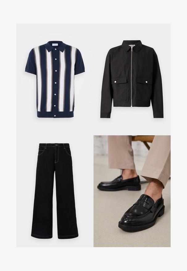 Schwarze Jacke mit Reißverschluss vorne, kurzem Kragen und zwei vorderen Taschen. Der Stoff wirkt glatt und wasserabweisend. Einfaches Design, ohne Muster.; Kurzarm-Poloshirt mit navyblauem Grundton und vertikalen Streifen in Weiß und Beige. Verfügt über einen Kragen und eine Knopfleiste.; Schwarze weit geschnittene Jeanshose aus Denim, mit Knopfverschluss, fünf Taschen und kontrastierendem weißen Nähten entlang der Nähte.; Schwarze Lederloafers mit glatter Oberfläche, ausgestattet mit einem dekorativen Riemen und Kontrastnähten, kombiniert mit beigen Hosen.