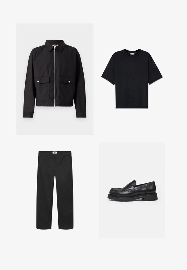 Sort jakke med lynlås foran, kort krave og to forlommer. Stoffet ser glat og vandafvisende ud. Enkel design, uden mønstre.; Sort kortærmet T-shirt lavet af blød bomuld, med rund halsudskæring og en afslappet pasform. Glat tekstur uden synlige mønstre eller accenter.; Sorte chinos lavet af glat bomuldsstof. Har en knaplukning, forlommer og et lige ben-design med rene kanter.; Sort læderloafer med tyk rillede sål og penny-remdetalje, vist i højre sideprofil på hvid baggrund.