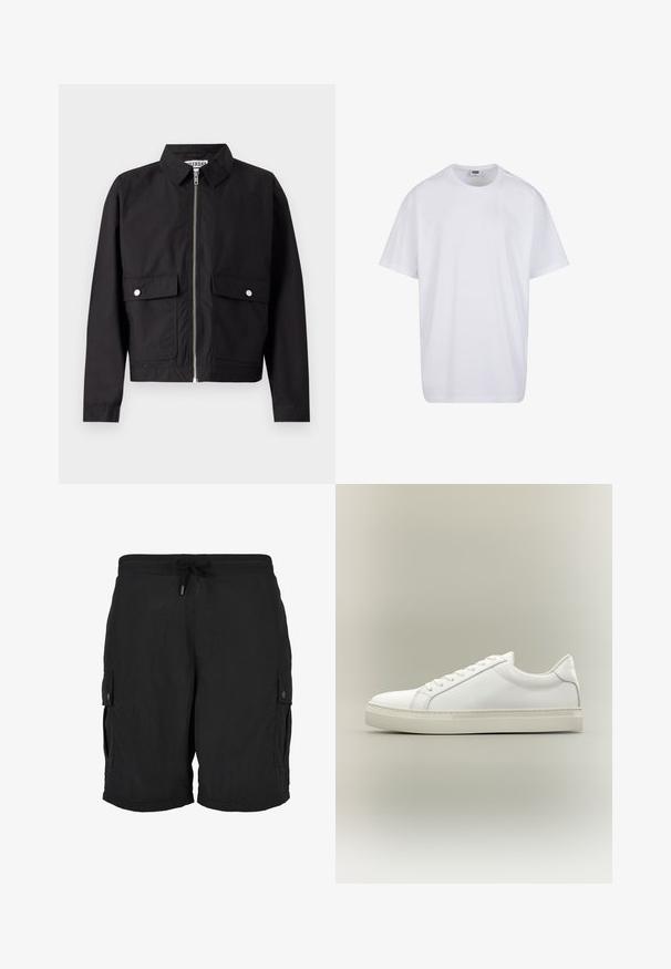 Sort jakke med lynlås foran, kort krave og to forlommer. Stoffet ser glat og vandafvisende ud. Enkel design, uden mønstre.; Hvid, kortærmet bomulds-T-shirt med rund hals og synligt størrelses- og mærkelabel inde i kraven.; Sorte cargoshorts med elastisk talje, justerbar snøre og knaplukning på sidelommerne.; Hvid lavtop sneaker med snørebånd foran og tyk sål, vist fra siden mod en neutral baggrund.
