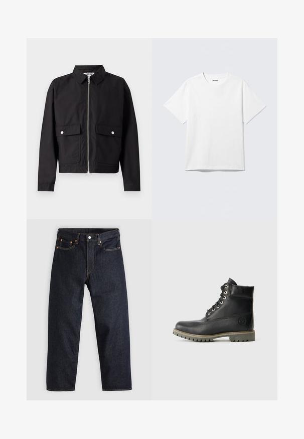 Sort jakke med lynlås foran, kort krave og to forlommer. Stoffet ser glat og vandafvisende ud. Enkel design, uden mønstre.; Hvid kortærmet crewneck T-shirt lagt fladt ud, ensfarvet design, med "WEEKDAY" mærkat inde i kraven på en lys baggrund.; Mørkeblå denimjeans med lige pasform, fem lommer, kontrasterende orange syning og knaplukning. Ingen synlige mønstre eller udsmykninger.; Sorte læder ankelstøvler med snøredesign, polstret krave og en tekstureret panel. Har en robust sål og prægede logo på siden.