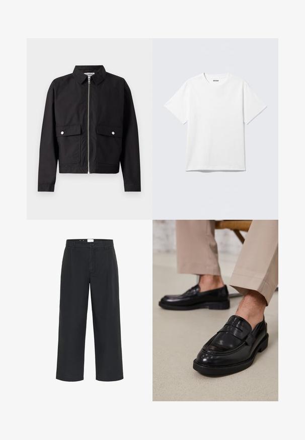 Sort jakke med lynlås foran, kort krave og to forlommer. Stoffet ser glat og vandafvisende ud. Enkel design, uden mønstre.; Hvid kortærmet crewneck T-shirt lagt fladt ud, ensfarvet design, med "WEEKDAY" mærkat inde i kraven på en lys baggrund.; Matinique MACHINO PLEAT 73 - Bukser - black; Sorte lædermokkasiner med en glat overflade, der har en dekorativ rem og kontraststing, parret med beige bukser.