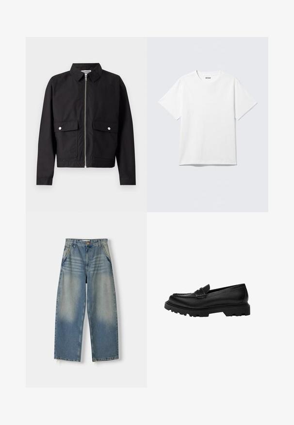 Sort jakke med lynlås foran, kort krave og to forlommer. Stoffet ser glat og vandafvisende ud. Enkel design, uden mønstre.; Hvid kortærmet crewneck T-shirt lagt fladt ud, ensfarvet design, med "WEEKDAY" mærkat inde i kraven på en lys baggrund.; Lyseblå denim wide-leg jeans med en falmet finish, fem-lomme design og rå kant. Har en frontknap og lynlås lukning.; Sorte læder loafers med en robust, struktureret sål. Har en dekorativ syet kant og en lav hæl for et moderne design.