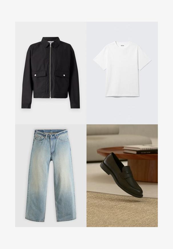 Veste noire avec fermeture éclair à l'avant, col court et deux poches frontales. Le tissu semble lisse et résistant à l'eau. Design simple, sans motifs.; T-shirt blanc à manches courtes et col rond, étalé à plat, design uni, avec l'étiquette "WEEKDAY" à l'intérieur du col sur un fond clair.; Jean denim bleu clair à jambes larges avec une finition délavée. Comprend un design standard à cinq poches et une fermeture à bouton métallique.; Chaussure mocassin en cuir noir présentée en suspension au-dessus d'un tapis beige tissé, avec une table en bois et des livres empilés dans un salon doucement éclairé.