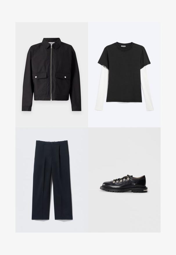 Chaqueta negra con cierre frontal, cuello corto y dos bolsillos delanteros. La tela parece suave y resistente al agua. Diseño sencillo, sin patrones.; Camiseta negra de manga corta superpuesta sobre una camisa blanca de manga larga, vista desde arriba sobre un fondo gris claro con la etiqueta WEEKDAY visible dentro del cuello.; Pantalones azul marino oscuros hechos de tela suave, con un ajuste entallado, dos bolsillos delanteros y cierre de botón.; Zapato bajo de cuero negro con suela gruesa, ojales de metal, adornos plateados decorativos en los cordones y un dibujo texturizado en la suela.