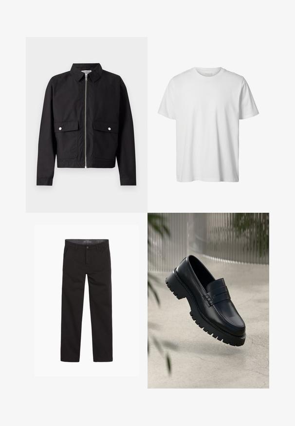 Veste noire avec fermeture éclair à l'avant, col court et deux poches frontales. Le tissu semble lisse et résistant à l'eau. Design simple, sans motifs.; T-shirt blanc uni à manches courtes, col rond, coupe décontractée, sans logos ni motifs visibles à l'avant.; Pantalon en coton noir avec une texture lisse, coupe droite, fermeture éclair et deux poches avant ; style minimaliste et polyvalent.; Mocassins en cuir noir avec une semelle à crampons épaisse, dotés d'une sangle décorative et de détails de couture. Texture lisse avec une finition polie.