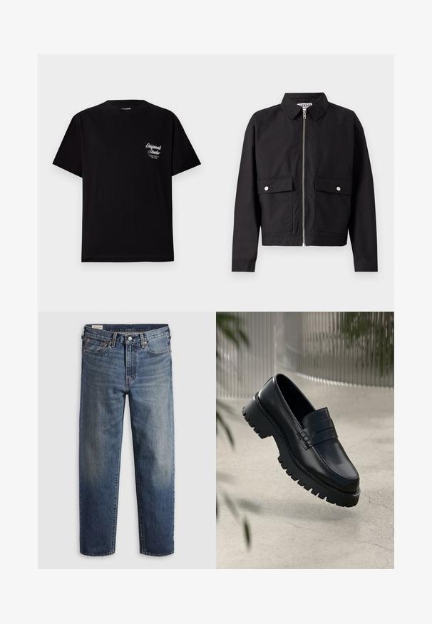 Sort jakke med lynlås foran, kort krave og to forlommer. Stoffet ser glat og vandafvisende ud. Enkel design, uden mønstre.; Sort kortærmet t-shirt lavet af bomuld. Har et lille hvidt logo på venstre brystområde. Rund halsudskæring, almindelig pasform.; Mørkeblå denimjeans med en afslappet pasform, lige ben, fem-lommer design og subtil falmen ved lårene. Sølvknap og nitter.; Sorte læder loafers med en chunky sål, der har en dekorativ rem og syninger. Glat tekstur med en poleret overflade.