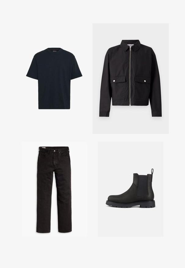 Sort jakke med lynlås foran, kort krave og to forlommer. Stoffet ser glat og vandafvisende ud. Enkel design, uden mønstre.; Marineblå bomulds T-shirt med rund hals, korte ærmer og en afslappet pasform. Glat tekstur uden synlige mønstre eller accenter.; Sorte lige bukser i denim med fem lommer, knaplukning og bæltestropper, lagt fladt ud på en hvid baggrund.; Sorte læder Chelsea-boot med elastiske sider, trækribe og struktureret gummisål for godt greb. Slank design og understated finish.