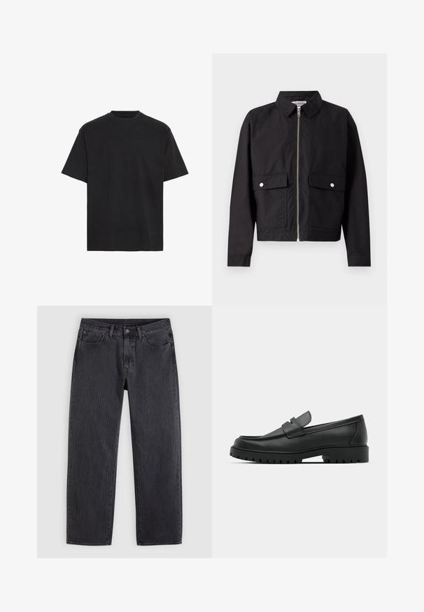 Veste noire avec fermeture éclair à l'avant, col court et deux poches frontales. Le tissu semble lisse et résistant à l'eau. Design simple, sans motifs.; T-shirt en coton noir, manches courtes, col rond, léger, coupe ample, texture lisse, sans motifs ni accents visibles.; Jeans noirs à rayures verticales avec une coupe droite, fabriqués en denim, dotés d'une fermeture à boutons à l'avant et de cinq poches.; Mocassins en cuir noir à bout arrondi, avec un design cousu, une semelle plateforme basse et une semelle en caoutchouc texturée et crantée.