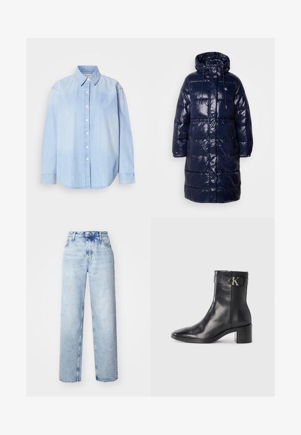 Mørkeblå dunjakke med en blank finish, hætte, snøre og trykknapper. Har quiltet design og sidelommer.; Lyseblå denimskjorte, lange ærmer, standard krave, frontend-knaplukning, rundet kant, glat tekstur med let falming.; Lyseblå højtaljede jeans med løs pasform, der har lige ben, fem lommer og en klassisk knap- og lynlåslukning.; Sort læder ankelstøvle med spids tå, blokhæl og en rem med en metallisk logo detalje. Glat tekstur og minimalistisk design.