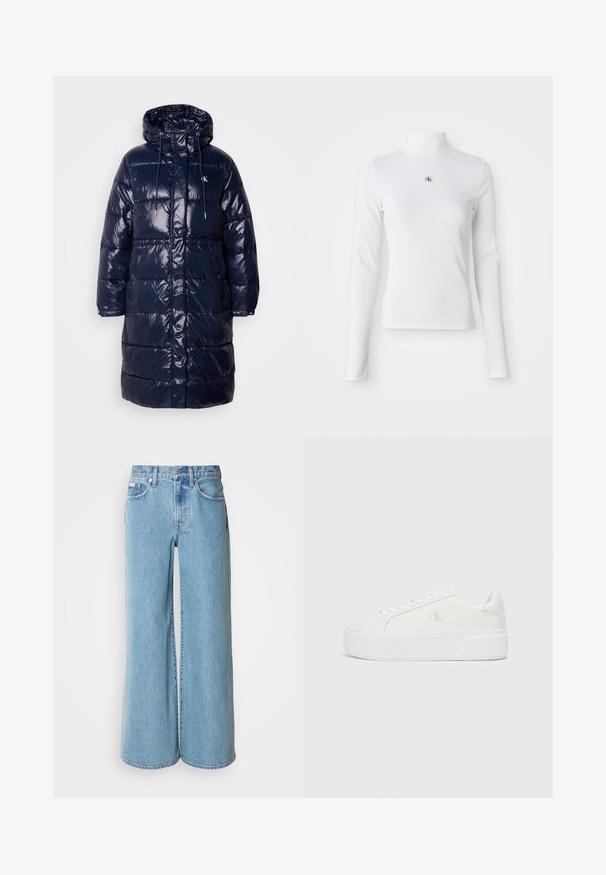Mørkeblå dunjakke med en blank finish, hætte, snøre og trykknapper. Har quiltet design og sidelommer.; Langærmet, hvid turtleneck-top lavet af ribbet materiale. Har et lille broderet logo i midten. Tæt pasform uden mønstre.; Lyseblå brede jeans lavet af denim, med høj talje, fem-lomme design og subtil falming langs stoffet.; Hvide platform sneakers med en glat læderoverdel, rund tå, hvide snørebånd og diskret logo-detalje på siden. Flad gummisål.