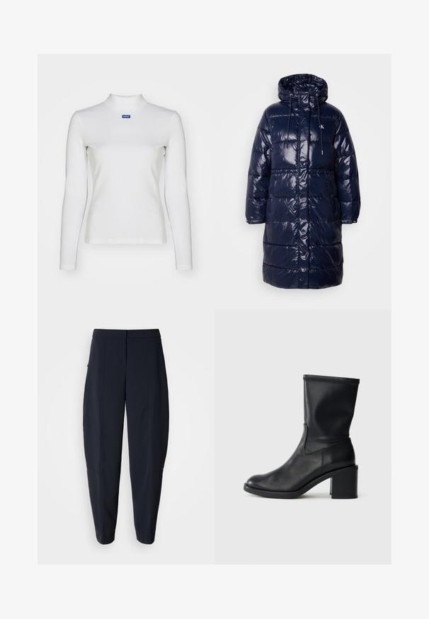 Manteau matelassé bleu marine avec une finition brillante, capuche, fermeture à cordon et boutons pression. Présente un design matelassé et des poches latérales.; Haut à col roulé blanc à manches longues en tissu extensible, avec une coupe ajustée et un petit logo bleu sur la poitrine.; Pantalon bleu marine fuselé avec taille mi-haute et poches latérales, présentant des détails de coutures subtiles le long des jambes.; Botte en cuir noir à cheville avec un bout rond, texture lisse et un talon épais, présentant un tige ajustée et un subtil détail de couture.