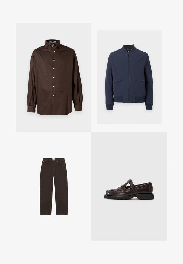 Chaqueta bomber azul marino con cremallera frontal, cuello, puños y dobladillo acanalados, y dos bolsillos de solapa con botones a presión.; Camisa de manga larga marrón en una tela suave con un cuello clásico, cierre frontal de botones y puños elastizados; presenta un detalle de logo sutil.; Vaqueros de pierna recta en marrón oscuro con bolsillos delanteros, trabillas para el cinturón, cierre de botones y un detalle de lazada lateral sobre un fondo blanco.; Hereu SOLLER - Zapatos sin cordones - dark brown