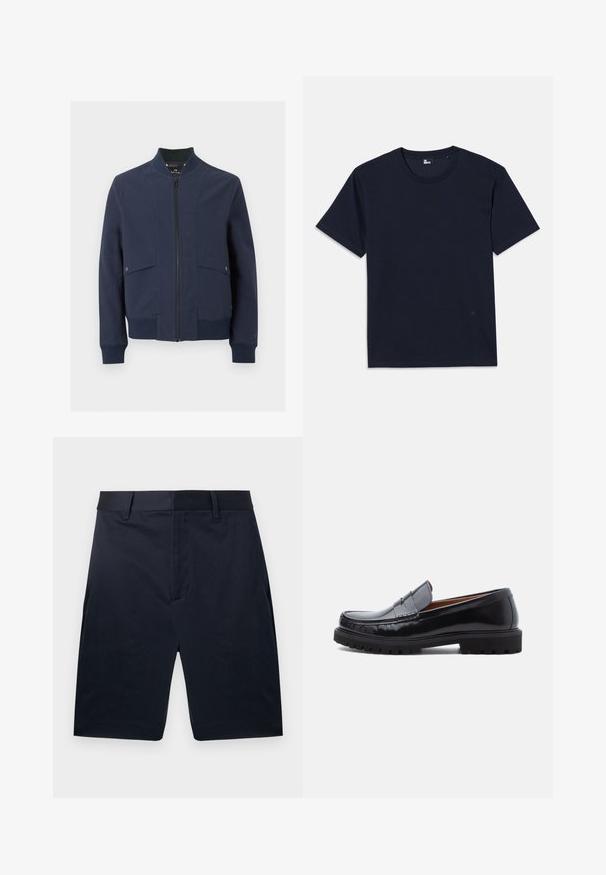 Veste bomber bleu marine avec fermeture éclair à l'avant, col, poignets, ourlet côtelés et deux poches à rabat avec boutons pression.; T-shirt en coton bleu marine à manches courtes, col rond et détails de couture minimes. Design simple sans motifs ni accents visibles.; Shorts bleu marine sur mesure, longueur genou, avec passants de ceinture et fermeture à glissière avant cachée, présentés à plat sur un fond blanc.; Mocassin penny en cuir noir avec semelle en caoutchouc épaisse et couture moc toe, montré de profil sur un fond blanc.