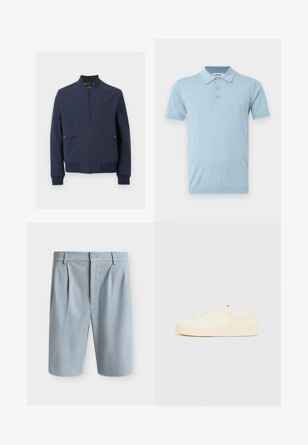 Veste bomber bleu marine avec fermeture éclair à l'avant, col, poignets, ourlet côtelés et deux poches à rabat avec boutons pression.; Polo bleu clair à manches courtes avec trois boutons et col, arborant une broderie discrète du logo sur la poitrine gauche.; Shorts bleu clair longueur genou avec plis devant, passants de ceinture, fermeture par bouton et finition de tissu propre et lisse.; Baskets couleur crème avec une tige en cuir lisse, bout arrondi, laçage à l'avant et semelle en caoutchouc texturée. Design minimaliste, sans logo.