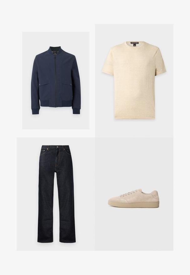 Marineblauwe bomberjack met rits aan de voorkant, geribde kraag, manchetten, zoom en twee klepzakken met drukknopen.; Effen beige T-shirt met korte mouwen en ronde hals met een Michael Kors-label aan de binnenkant van de kraag, afgebeeld tegen een lichtgrijze achtergrond.; Donkerblauwe spijkerbroek met een recht model, vijf zakken en oranje stiksels. Metalen knoop en ritsluiting.; Beige suede sneaker met een ronde neus, platte veters en een gestructureerde rubberen zool. Minimalistisch ontwerp met gladde randen en subtiele stiksels.