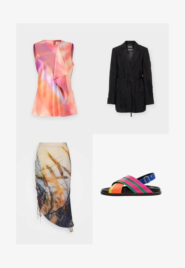 Sort tekstureret blazer med reverser, lange ærmer, to forlommer med klap og et smalt bælte i taljen, mærket Scotch & Soda Amsterdam.; Ærmeløs top i satinmateriale, der præsenterer et farverigt abstrakt mønster med nuancer af pink, orange og violet, samt en draperet frontdesign.; Materiel DIAGONAL GATHERED SKIRT - Pencil skirt - golden hour; Flad sandal med multifarvede læderremme i gul, orange, pink og grøn samt en blå ankelrem med en guldbeslået spænde.