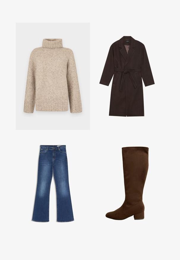 Mørkebrun lang uldfrakk med brede klapper, to forlommer og en bundet bælte i taljen, uknappet med synlig indvendig foer.; Vero Moda Knitted VMINGRID Knitted - Striktrøje - beige; Blå denimjeans med høj talje, fem-lomme-stil og flareede ben, der viser subtil falmning på lår og knæ.; Høj brun ruskindsstøvle med lav blokhælhæl og rund tå, sidevisning, mod hvid baggrund.