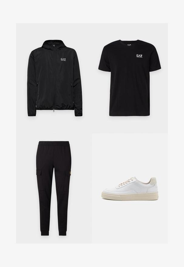 Veste légère noire avec capuche, fermeture éclair à l'avant, deux poches latérales et logo EA7 blanc sur la poitrine. Tissu lisse et brillant.; T-shirt en coton noir avec un col en V et des manches courtes. Présente un logo EA7 blanc sur la poitrine gauche. Texture lisse, coupe standard.; Pantalons de jogging noirs en tissu doux, présentant une coupe fuselée et deux poches cargo latérales avec un logo discret sur une poche.; Sneaker blanche avec un dessus en cuir lisse, des lacets beige et un onglet de talon en daim beige texturé. Semelle surélevée pour une hauteur supplémentaire.