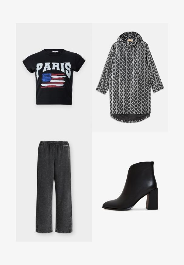 Regnfrakke i et sort og hvidt geometrisk mønster, med hætte, lynlåslommer og en lang, lige design med en længere bagkant.; Sort bomulds t-shirt med "PARIS" i fede hvide bogstaver og et slidt amerikansk flag grafik i rød, hvid og blå. Korte ærmer.; Sorte bukser med vide ben, elastik i taljen og en subtil falmet tekstur, vist fladt på en hvid baggrund.; Sort ankelstøvle lavet af glat læder, med spids tå, høj blokhæl og et slankt, minimalistisk design med en højt skåret silhuet.