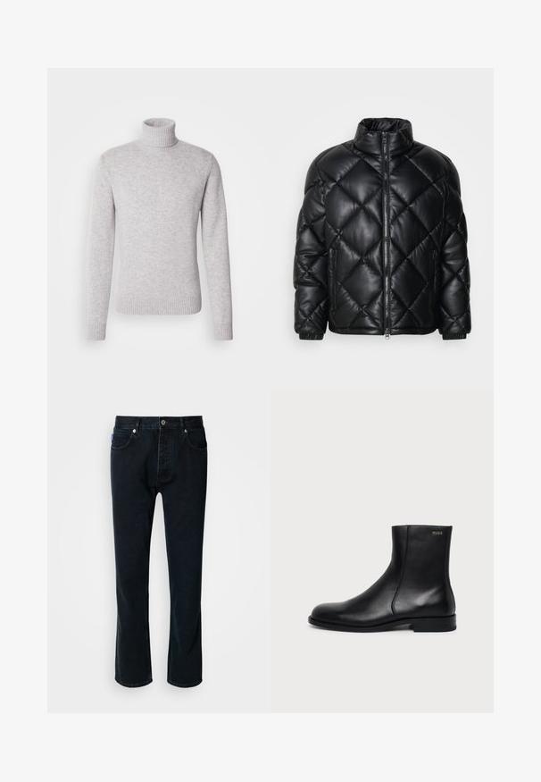 Chaqueta de plumas acolchada negra con cuello alto, cremallera frontal y bolsillos laterales con cremallera, hecha de un material suave y brillante.; Jersey de cuello alto de color gris claro hecho de un suave tejido de punto. Presenta un cuello y puños acanalados. Forma clásica y ajustada con mangas largas.; HUGO JONAH - Vaqueros rectos - dark blue; Botín negro de cuero con tacón bajo, costura lateral y pequeño logo "HUGO" en el puño superior sobre un fondo liso.