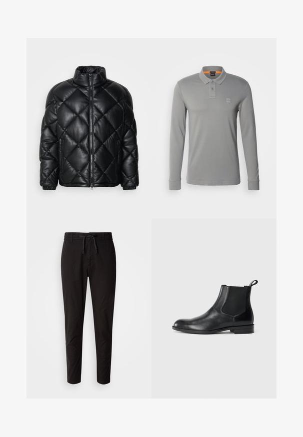 Chaqueta de plumas acolchada negra con cuello alto, cremallera frontal y bolsillos laterales con cremallera, hecha de un material suave y brillante.; Polo de manga larga en algodón gris claro con cuello abotonado, que presenta un sutil logo de la marca en el pecho y un acento naranja.; Pantalones negros con cinturilla elástica y cordón, que presentan un ajuste estrecho y afilado y una tela suave y ligera.; Botín negro de cuero hasta el tobillo con paneles elásticos a los lados, punta redondeada y lengüeta. Textura suave, suela plana, diseño minimalista.