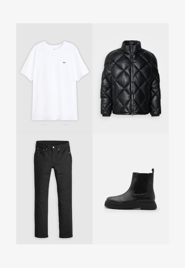 Schwarze gesteppte Puffjacke mit hohem Kragen, Frontreißverschluss und seitlichen Reißverschlusstaschen, aus glattem, glänzendem Material gefertigt.; Weißes Baumwoll-T-Shirt mit kurzen Ärmeln und Rundhalsausschnitt. Verfügt über ein kleines rotes Levi's-Logo auf der linken Brust. Flaches Design, keine Muster.; Schwarze Jeanshose mit geradem Bein, ausgestattet mit einem Reißverschluss, fünf Taschen und Metallknopf-Akzenten. Glatte Textur.; Schwarze Lederstiefeletten mit einem gerippten elastischen Seitenbereich, runder Zehenform und robuster schwarzer Sohle. Enthält eine Schlaufe für ein einfaches Anziehen.