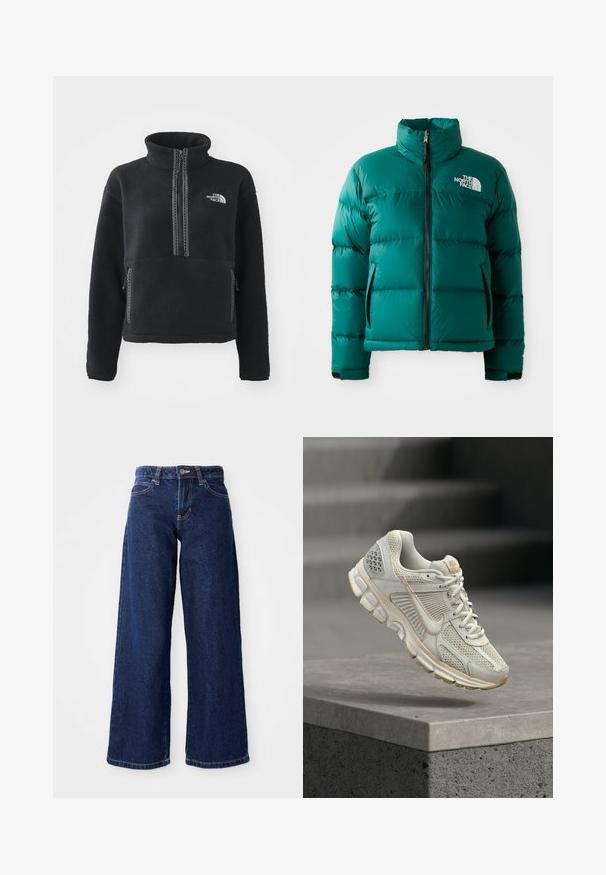 Veste matelassée verte avec col montant, fermeture éclair à l'avant et poches latérales. Fabriquée en matériau brillant et matelassé avec un branding prominent.; Polaire noire à col montant, fermeture éclair au quart, poche avant et coutures contrastantes. Dispose du logo The North Face sur la poitrine.; Jean ample bleu foncé en denim, doté d'une fermeture à bouton et à zip, de passants de ceinture et d'un design classique à cinq poches.; Baskets de course beige clair avec tige en mesh, doublure douce, semelle en caoutchouc et accents beige. Présente un logo en forme de swoosh sur le côté bien visible et des panneaux texturés.