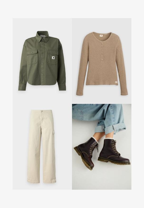 Chemise en coton vert olive avec col boutonné, manches longues, deux poches poitrine et une petite étiquette logo sur la poche gauche.; Chemise henley beige à manches longues en maille gaufrée avec encolure ronde et patte de boutonnage à cinq boutons, présentée à plat sur fond blanc.; Pantalons cargo beiges en coton doux, avec une coupe droite, un bouton à l'avant et une poche latérale avec détail à rabat.; Bottes de cheville en cuir marron avec un design à lacets, doublure en fourrure, couture jaune et semelles en caoutchouc épaisses. Portées avec un jean bleu clair retroussé.