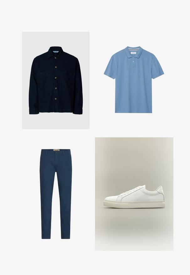 Dunkelblaue Hemdjacke mit zwei Brusttaschen und Kragen, dargestellt vor einfachem hellem Hintergrund.; Helles blaues Poloshirt aus strukturiertem Stoff, mit einem Kragen, einer Dreiknopf-Leiste und kurzen Ärmeln.; Marineblaue Slim-Fit-Hosen für Herren mit Gürtelschlaufen, Frontknopfverschluss und Seitentaschen, vor einem weißen Hintergrund präsentiert.; Weißer Sneaker mit niedrigem Schaft, vorn mit Schnürung und dicker Sohle, aus der Seitenansicht vor neutralem Hintergrund.