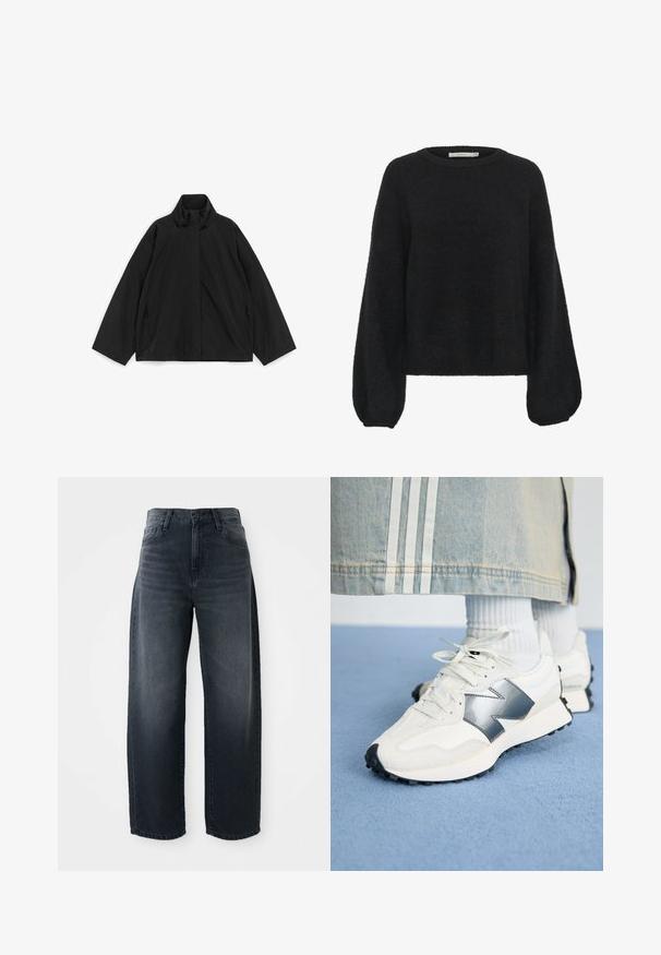 Schwarze, leichte Jacke mit hohem Kragen, langen, weiten Ärmeln und vorderem Reißverschluss, der von einer Klappe bedeckt ist, flach auf weißem Hintergrund ausgelegt.; Gestuz ALPHA - Strickpullover - black; Weite Jeans in dunkelblauem Denim, mit hoher Taille, klassischem Knopf- und Reißverschluss und subtilen Ausbleichungen an der Vorderseite.; Weiße Sportsneaker mit silbernem Akzent, strukturiertem Stoff und glattem Leder; mit einer schwarzen Gummisohle und Schnürsenkeln.