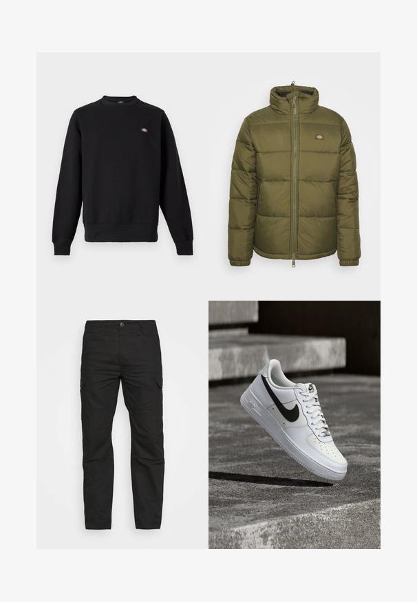Olivgrüne Steppjacke mit hohem Kragen, durchgehendem Reißverschluss und gerippten Bündchen. Mit horizontalen Nähten und einem kleinen Logo auf der Brust.; Schwarzer Sweatshirt mit Rundhalsausschnitt, langen Ärmeln, gerippten Bündchen und Saum sowie kleinem rechteckigem Logo-Patch auf der linken Brust.; Schwarze Cargo-Hosen mit geradem Bein, mehreren Taschen und einem Knopfverschluss, aus strapazierfähigem Baumwollstoff gefertigt.; Weißer Nike Air Force 1 Sneaker mit schwarzem Swoosh, geschnürten Schnürsenkeln, schwebend in der Luft über einer strukturierten Betonoberfläche im Freien.