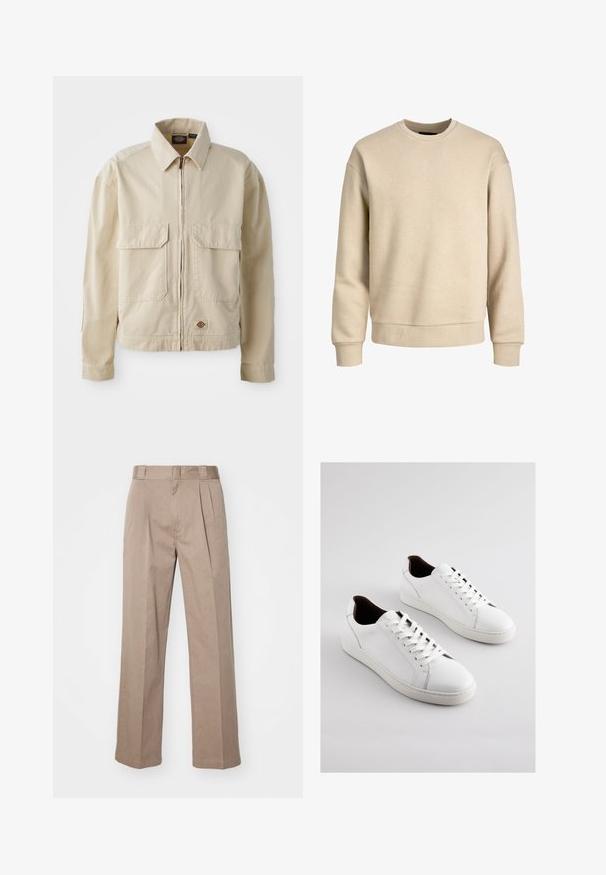 Beige, lichtgewicht jack met een rits aan de voorkant, twee borstzakken en een klein logo aan de onderrand. Gemaakt van duurzaam katoen.; Beige sweatshirt gemaakt van zachte stof, met een ronde hals, lange mouwen en ribbelboorden en -zoom voor een ontspannen pasvorm.; Beige, hoge taille broek met een wijde pijpontwerp. Bevat twee voorplooien en een soepele textuur. Standaard lengte met een nette afwerking.; Witte lederen sneakers met een laag profiel, geperforeerde zijkanten, platte veters en een contrasterende bruine binnenvoering. Rubberen zool met een textuurpatroon.