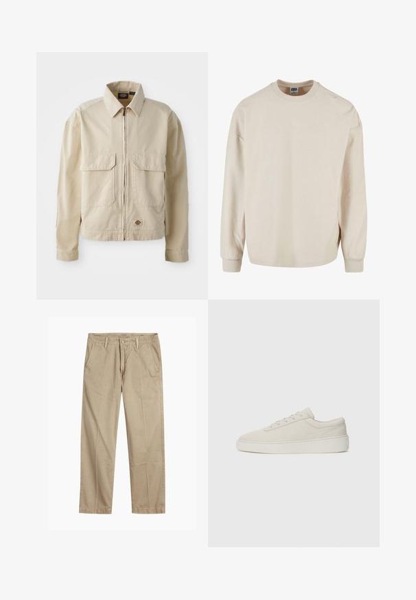 Veste beige légère avec fermeture éclair sur le devant, deux poches poitrine et un petit logo à l'ourlet. Fabriquée en tissu coton durable.; Sweatshirt beige à manches longues avec un col rond, présentant des épaules tombantes et des poignets côtelés. Texture douce et coupe décontractée.; Chinos beiges à jambes droites avec passants de ceinture, fermeture par bouton et fermeture éclair à l'avant, et poches avant en biais.; Baskets beiges avec une finition en daim lisse, bout rond et semelle en caoutchouc plate. Présentent un système de laçage et un design minimaliste avec des coutures discrètes.