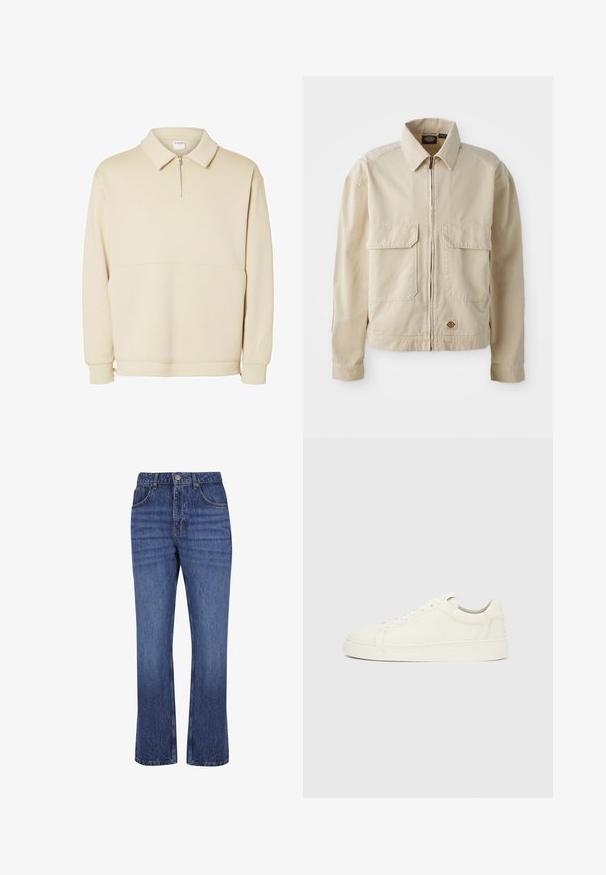 Beež, kerge jope, millel on lukuga esitasku, kaks rinna taskut ja väike logo allaääres. Valmistatud kvaliteetsest puuvillast.; Beige pullover särk pehmest kangast, millel on lukuga kaelus, krae ja vabalt langev lõige koos lihtsa horisontaalse õmbluse detailiga.; Sinised sirge lahendiga teksapüksid viie taskuga, nööpkinnitus ja vööaasad, mis näitavad reitel õrna tuhmumist.; Madalvalge nahast toss, millel on paeltega kinnitussüsteem ja lamedapõhjaline tald, tavalise helehalli tausta taustal, külgvaade.